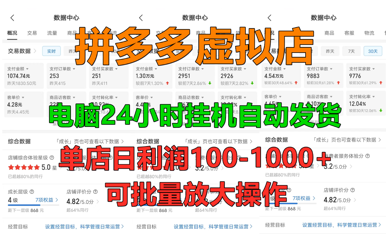 拼多多虚拟店24小时变现，长久稳定新手首选项目，可批量放大操作